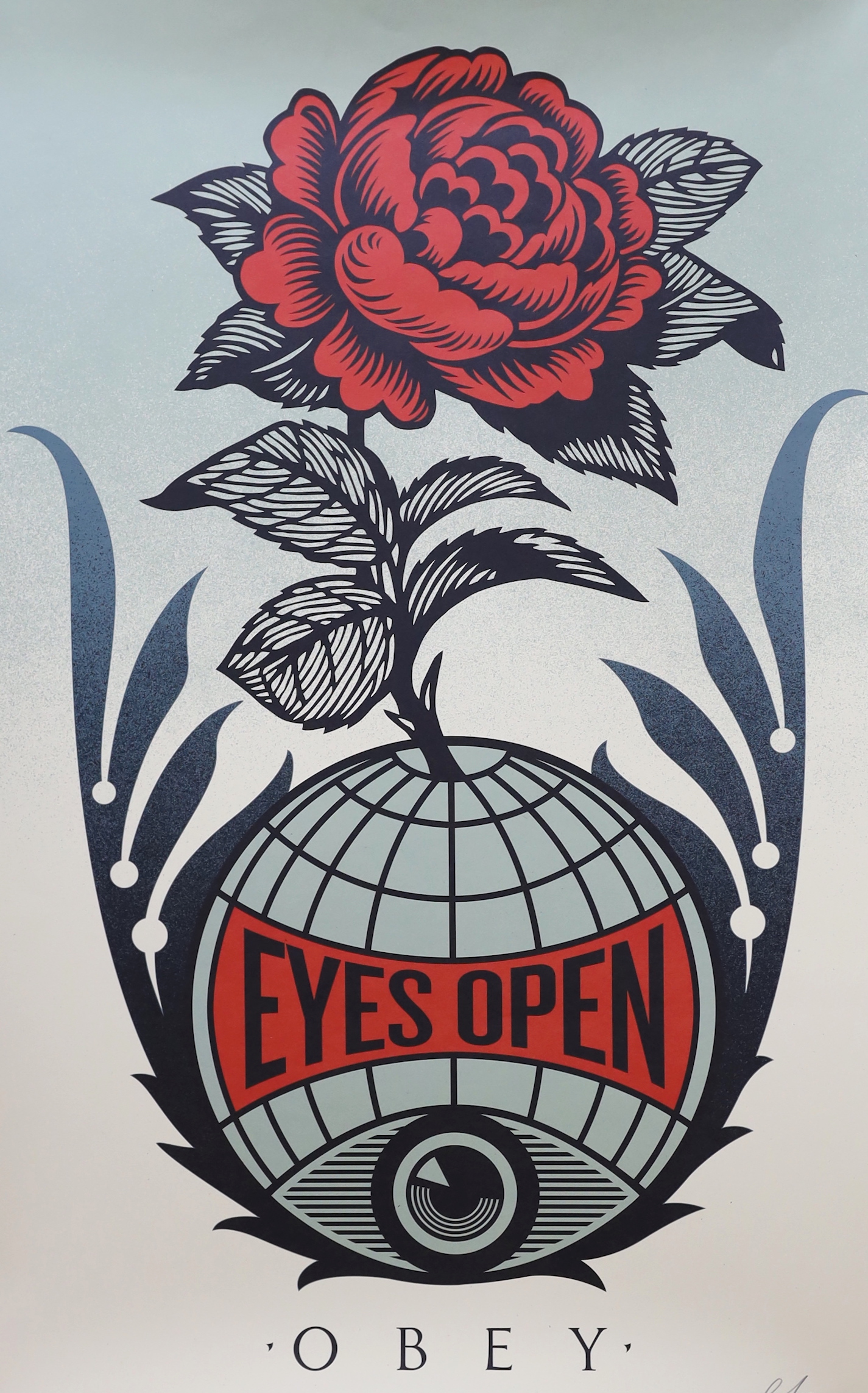 Shepard Fairey (American, b.1970-), lithograph poster, 'Eyes Open, Obey', signed in pencil, 91 x 61cm, unframed